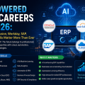 Infographic illustrating AI-powered ERP careers in 2026, highlighting Oracle Fusion, Workday, SAP, Oracle Integration Cloud (OIC), cloud computing, AI, automation, data analytics, and the top in-demand skills for enterprise technology professionals.