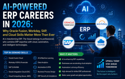 Infographic illustrating AI-powered ERP careers in 2026, highlighting Oracle Fusion, Workday, SAP, Oracle Integration Cloud (OIC), cloud computing, AI, automation, data analytics, and the top in-demand skills for enterprise technology professionals.